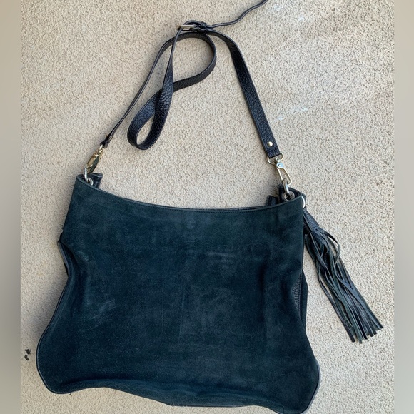 Bohemian SIMONS Nubuck Suede Pebbled Leather Black Hobo Slouchy Cross Body Purse - Picture 3 of 16